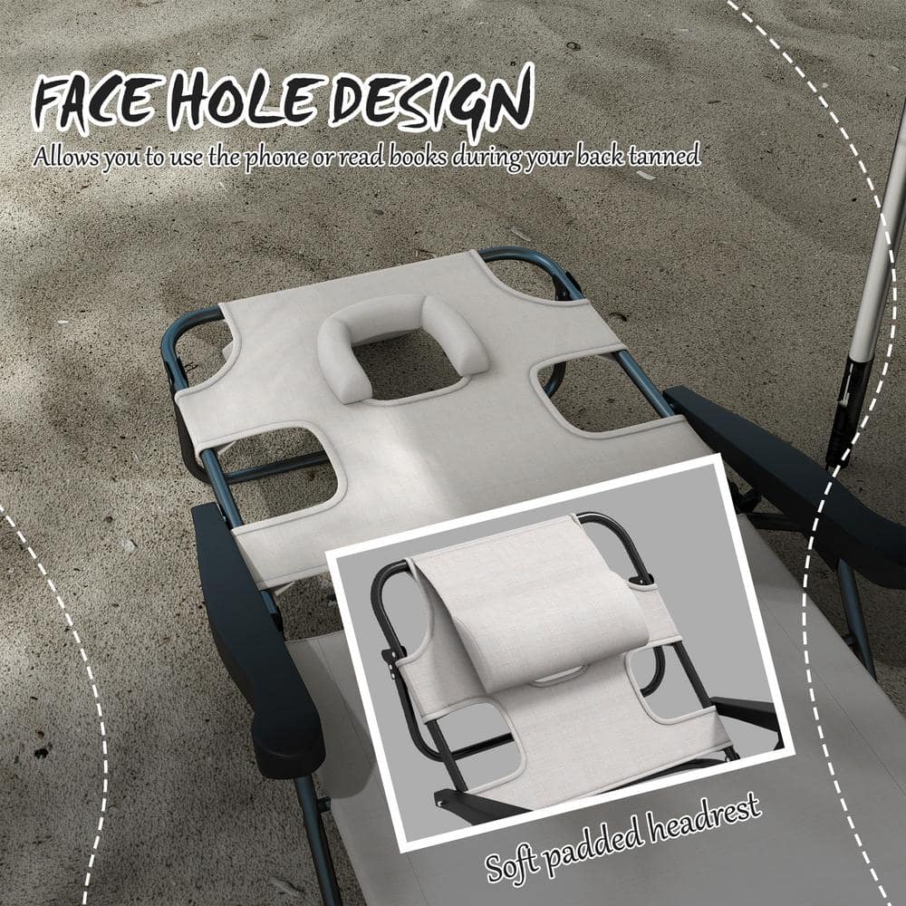 Cream White Mesh Fabric Reclining Outdoor Chaise Lounge Chair with Arms