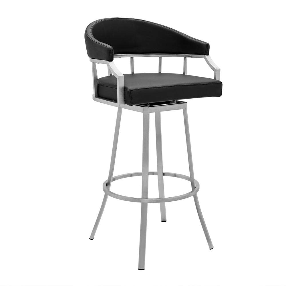 Armen Living Palmdale Brushed Stainless Steel Swivel Modern Faux Leather Bar and Counter Stool, Black/Brushed Stainless Steel -  LCVLBABSBL26
