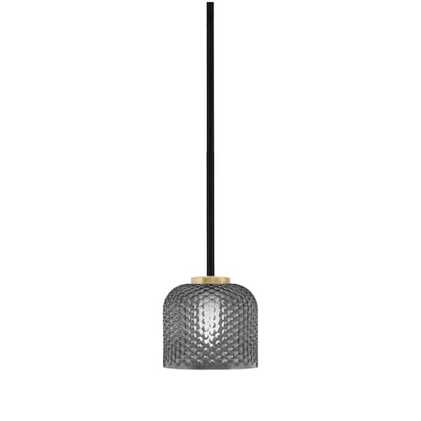 Elonia 100-Watt 1-Light Matte Black and Brass Stem Mini Pendant Light with 6 in. Smoke Textured Glass Shade