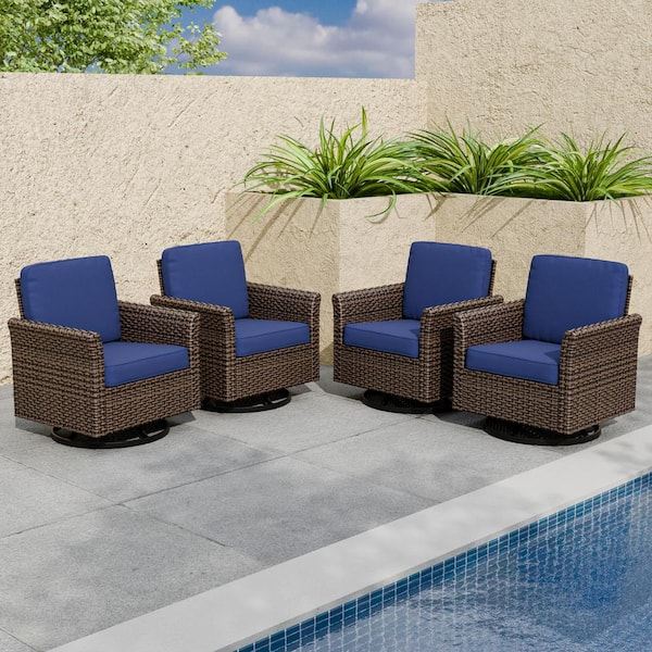 2-Color Brown Wicker Outdoor Rocking Chair Patio Swivel Chair with Blue Cushions, Wide Armrest (4-Pack)
