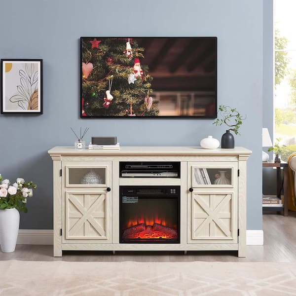 60 in. Farmhouse Electric Fireplace TV Stand with Barn Doors and Adjustable Storage Shelves in White