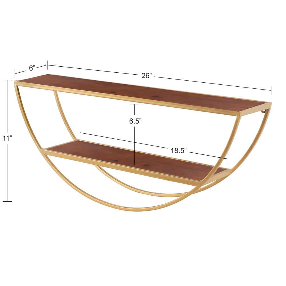 Walnut Brown and Gold Half-Moon Floating Wall Shelf