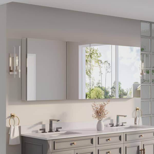 80 in. W x 30 in. H Rectangular Recess/Surface Mount Medicine Cabinet with Mirror, 4 Soft Close Door, Left or Right Open