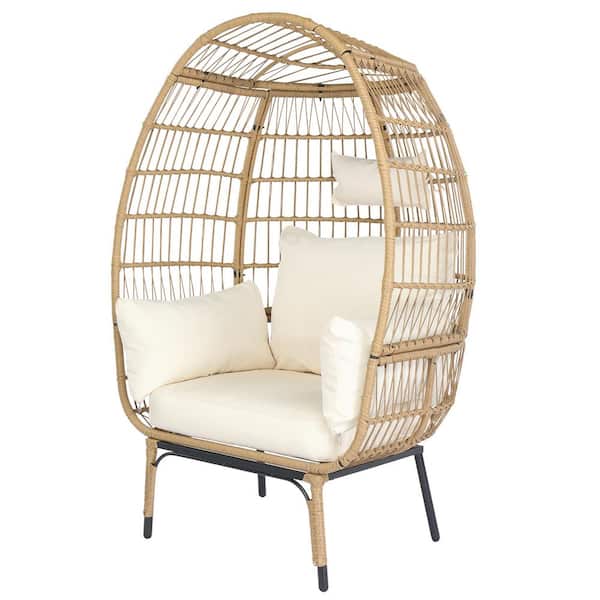 VINGLI Wicker Outdoor Lounge Chair with Cream White Cushion Oversized Outdoor Egg Chair 440 lbs. Capacity