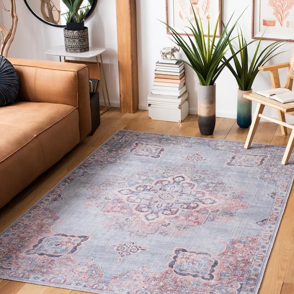 Serapi Ivory/Blue 7 ft. x 7 ft. Machine Washable Geometric Distressed Square Area Rug