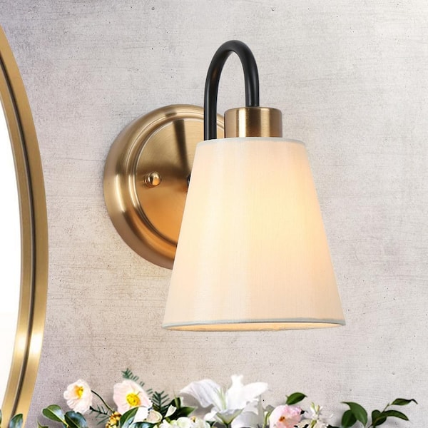 LNC Modern Classic 1-Light Plated Brass and Black Wall Sconce with White Cone Fabric Shade