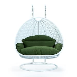 White Wicker Hanging 2-Person Egg Swing Chair Porch Swing With Dark Green Cushions