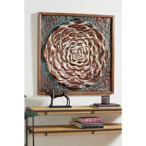 Large Square Aqua and Bronze Metal Rose Wall Decor in Natural Wood Frame 41.5 in. x 41.5 in.