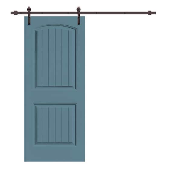 CALHOME Elegant Series 36 in. x 80 in. Dignity Blue Stained Composite MDF 2 Panel Camber Top Sliding Barn Door with Hardware Kit