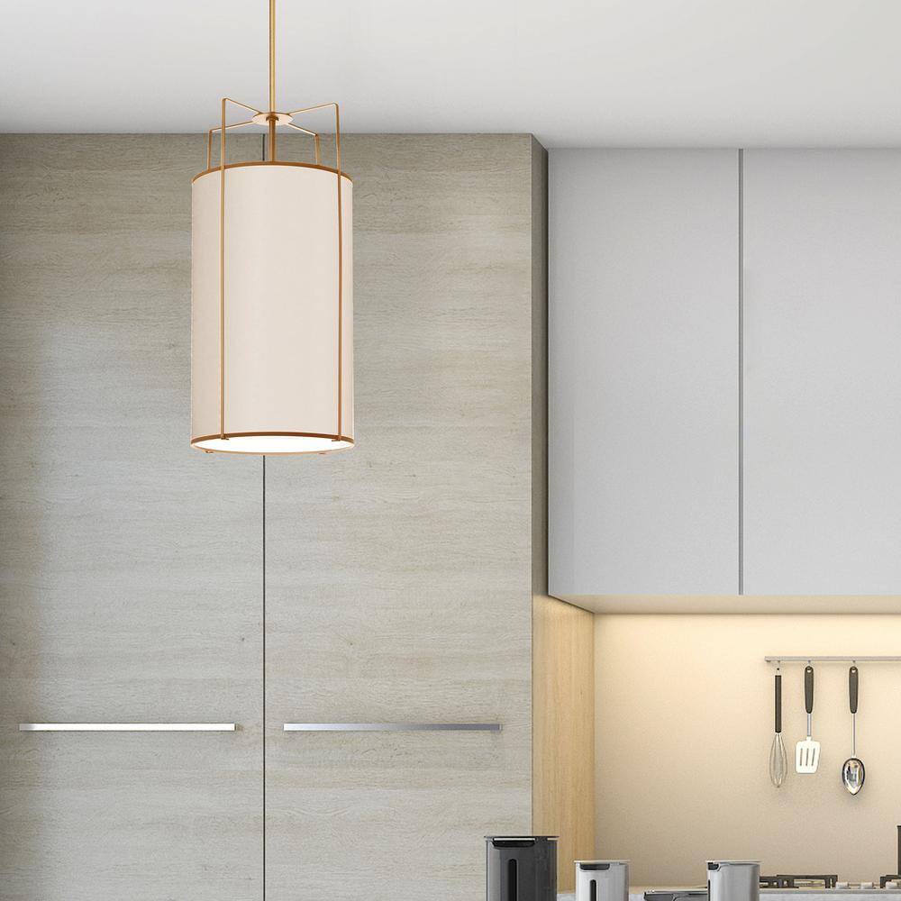 Modern Black and Gold Drum Pendant with White Shade - 12" Width