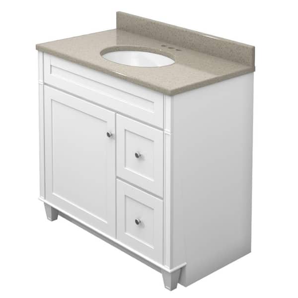 KraftMaid 36 in. Vanity in Dove White with Natural Quartz Vanity Top in Olive Ovation and White Sink