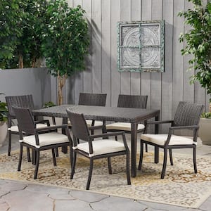 Multi-Brown 7-Piece Faux Rattan Rectangular Outdoor Dining Set with White Cushion