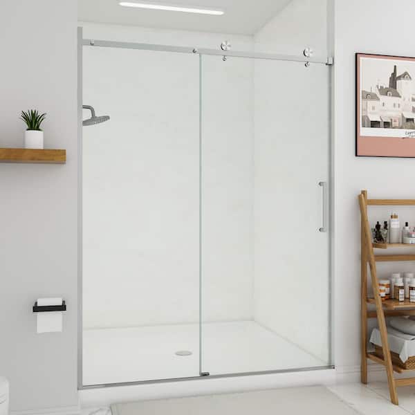 59 in. W x 75 in. H Sliding Frameless Shower Door in Brushed Nickel with 5/16 in. (8 mm) Clear Glass