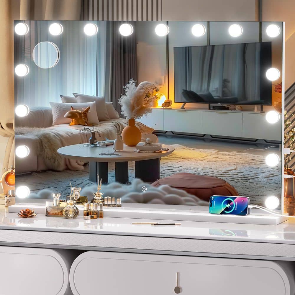 White 24 in. W x 35 in. H Rectangle Framed Vanity Mirror with Lights, LED M