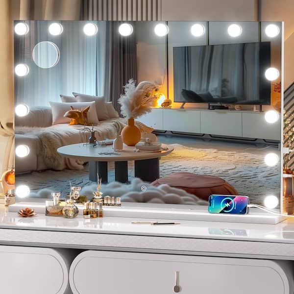 Hasipu White 24 in. W x 35 in. H Rectangle Framed Vanity Mirror with Lights, LED Makeup Mirror with 16-Dimmable Bulbs