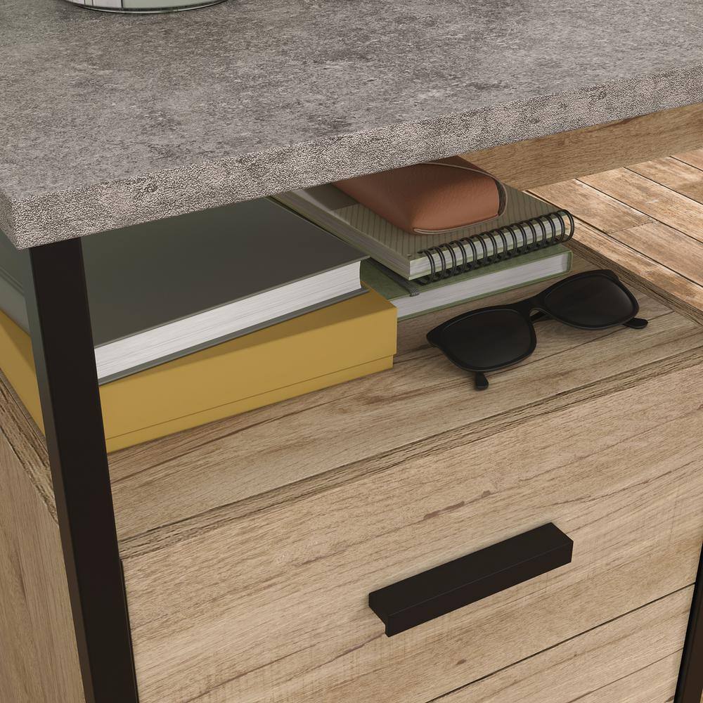 Gray Oak L-Shaped Computer Desk with Drawer and Filing Cabinet