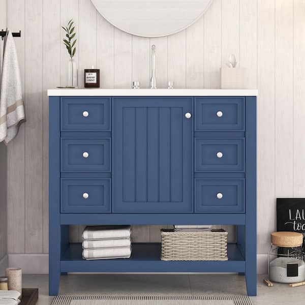 36 in. Single Sink Freestanding Blue Bath Vanity with White Ceramic Top, Removable Drawer Divider