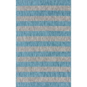 Outdoor Distressed Stripe Aqua Blue 7 ft. x 10 ft. Area Rug
