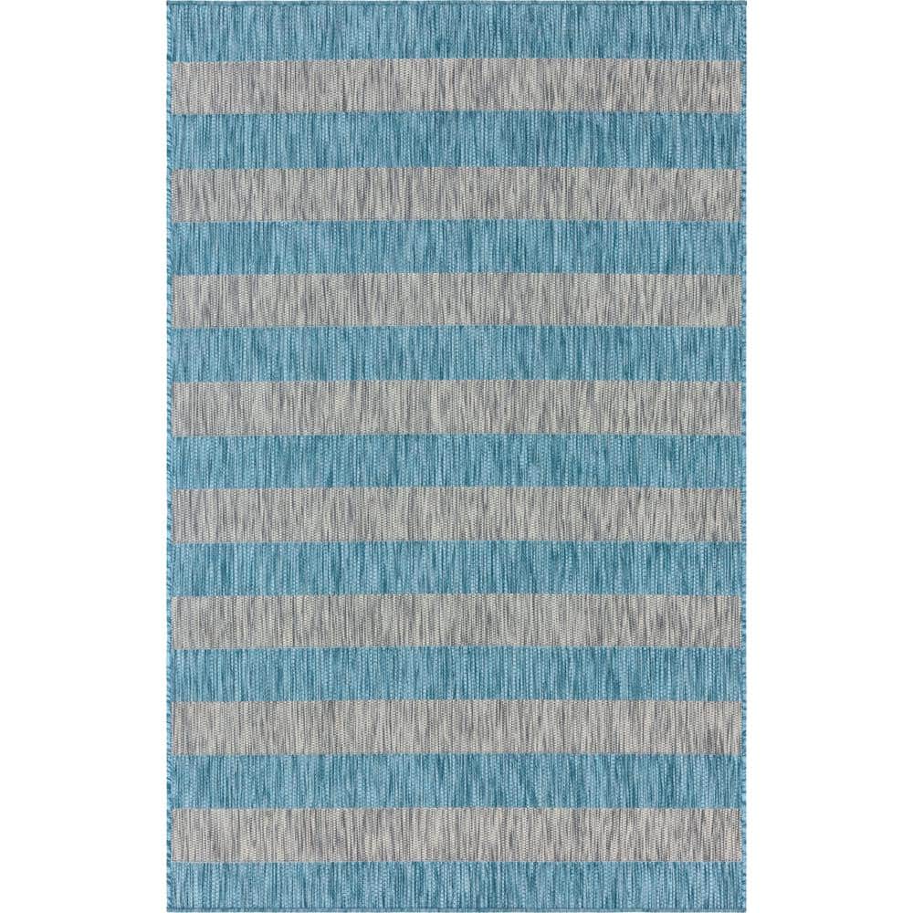 Aqua Blue and Ivory Stripe 6' x 9' Easy-Care Outdoor Rug