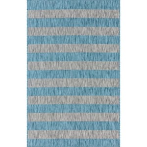 Outdoor Distressed Stripe Aqua Blue 6 ft. x 9 ft. Area Rug