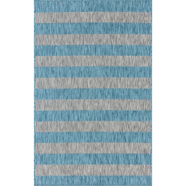 Unique Loom Indoor/Outdoor Distressed Stripe Aqua Blue 5 ft. x 8 ft. Area Rug