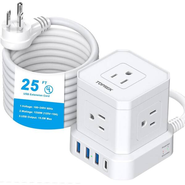 Long Extension Cord 10 FT with USB C Port, Flat Plug Power Strip Surge  Protector with