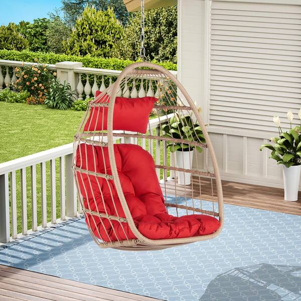 28.5 in. W 1-Person Brown Rattan Frame Egg Swing Chair, Outdoor Garden Rattan Hanging Chair in Red