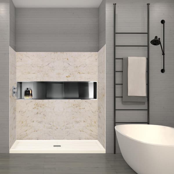 Linear 32 in. L x 48 in. W Alcove Shower Pan Base with Center Drain in Cameo
