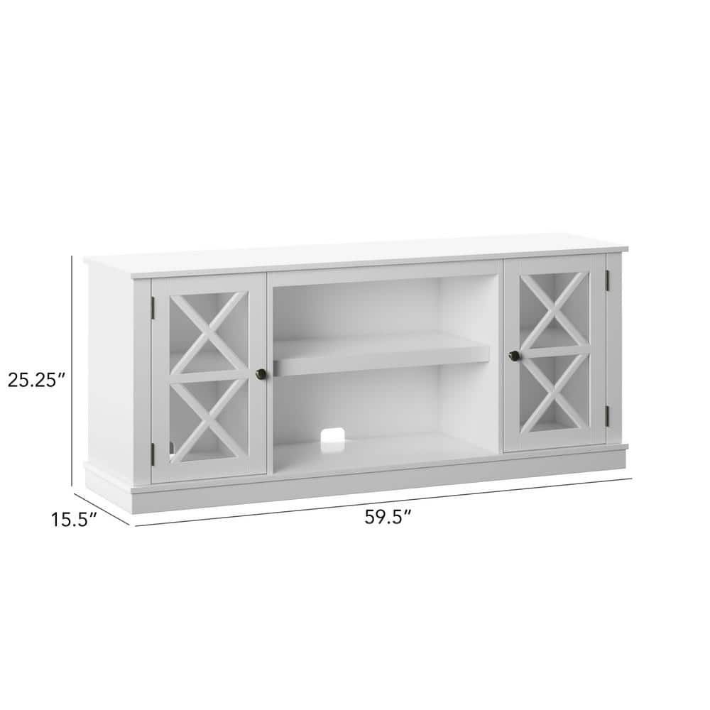 White Modern Farmhouse TV Stand with Glass Doors and Fireplace