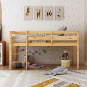 Natural Wood Twin Size Low Loft Bed with Fixed Ladder, Wooden Loft Bed for Kids, Kids Wood Loft Bed Frame with Ladder