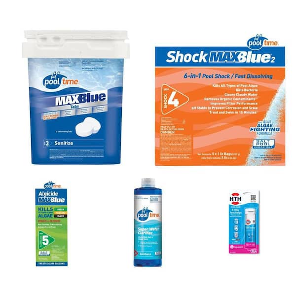 Above Ground Pool Weekly Maintenance Kit Up to 20,000 Gal – Tabs, Shock, Algaecide, Clarifier & Test Strips