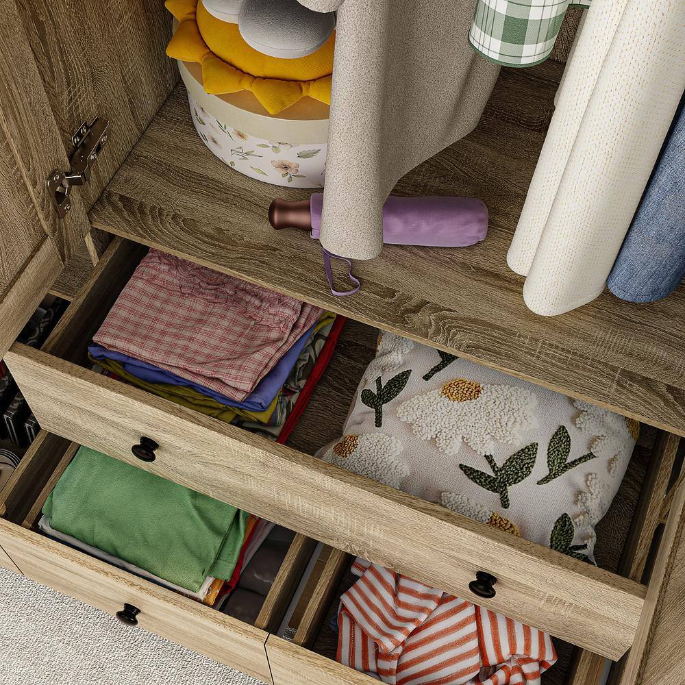 Brown Wood Grain 59 in. W Rattan Doors Design Armoires Wardrobe with 5-Drawers, 2-Hanging Rods (70.8 in. H x 18.8 in. D) - thumbnail 7
