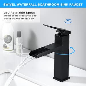 Single Handle Single Hole 360° Rotating Waterfall Spout Bathroom Faucet in Stainless Steel Matte Black