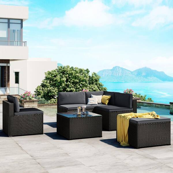 Afoxsos Black 6 Piece Pe Wicker Rattan Outdoor Patio Furniture Sofa Set Sectional With Gray Cushions Hdmx082g Afoxsos Black 6 Piece Pe Wicker Rattan, Colette 5 Seat Grey Rattan Corner Sofa And Coffee Table