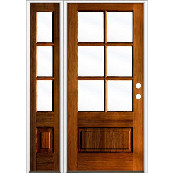 Krosswood Doors 50 in. x 80 in. Farmhouse 3/4 Lite Clear Glass Red Chestnut Stain Left-Hand/Inswing Hemlock Prehung Front Door w/LSL