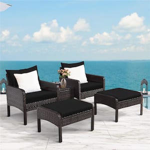 5-Piece Patio Rattan Wicker Furniture Set Sofa Ottoman Coffee Table Cushioned Black