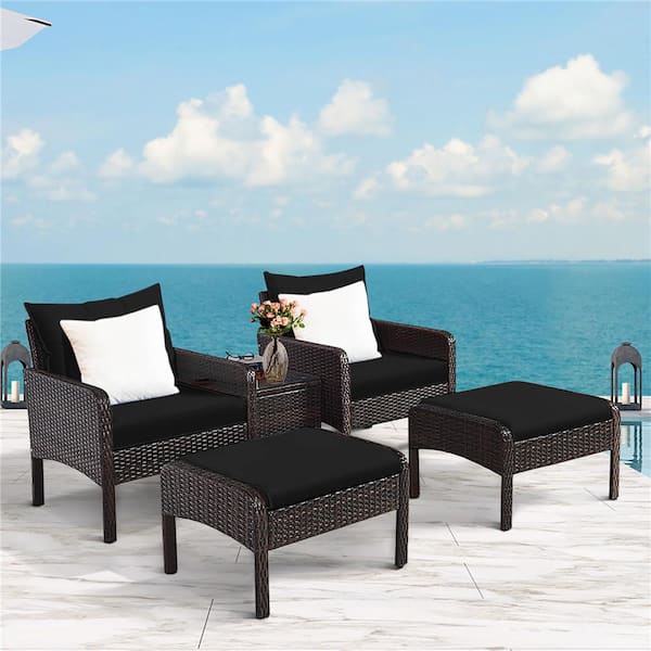 5-Piece Patio Rattan Wicker Furniture Set Sofa Ottoman Coffee Table Cushioned Black
