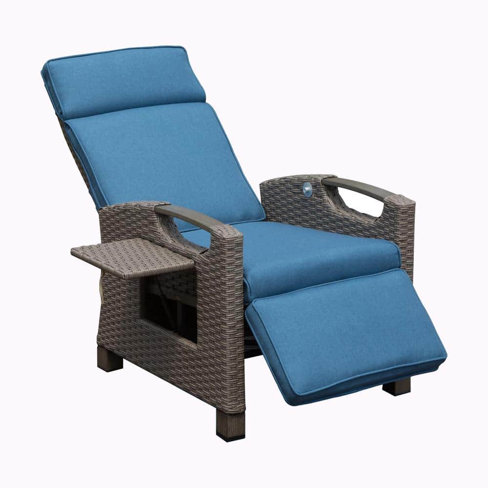 Wicker Outdoor Recliner Chair with Flip Table Push Back, Adjustable Angle, 