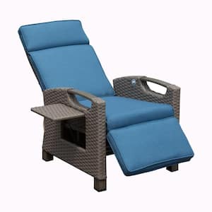 Wicker Outdoor Recliner Chair with Flip Table Push Back, Adjustable Angle, 6.8' in. Thickness Cushions, Navy Blue