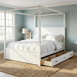 White Wood Frame Queen Size Modern Canopy Bed with Headboard, Trundle and 3-Drawers