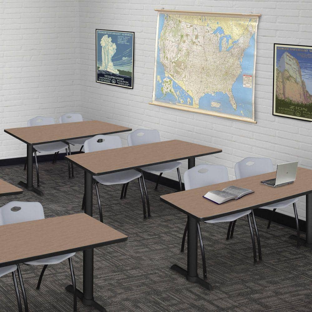 Cain 48 in. x 24 in. Noble Oak T-Base Training Seminar Table Desk and 2 M Stack Chairs-Grey