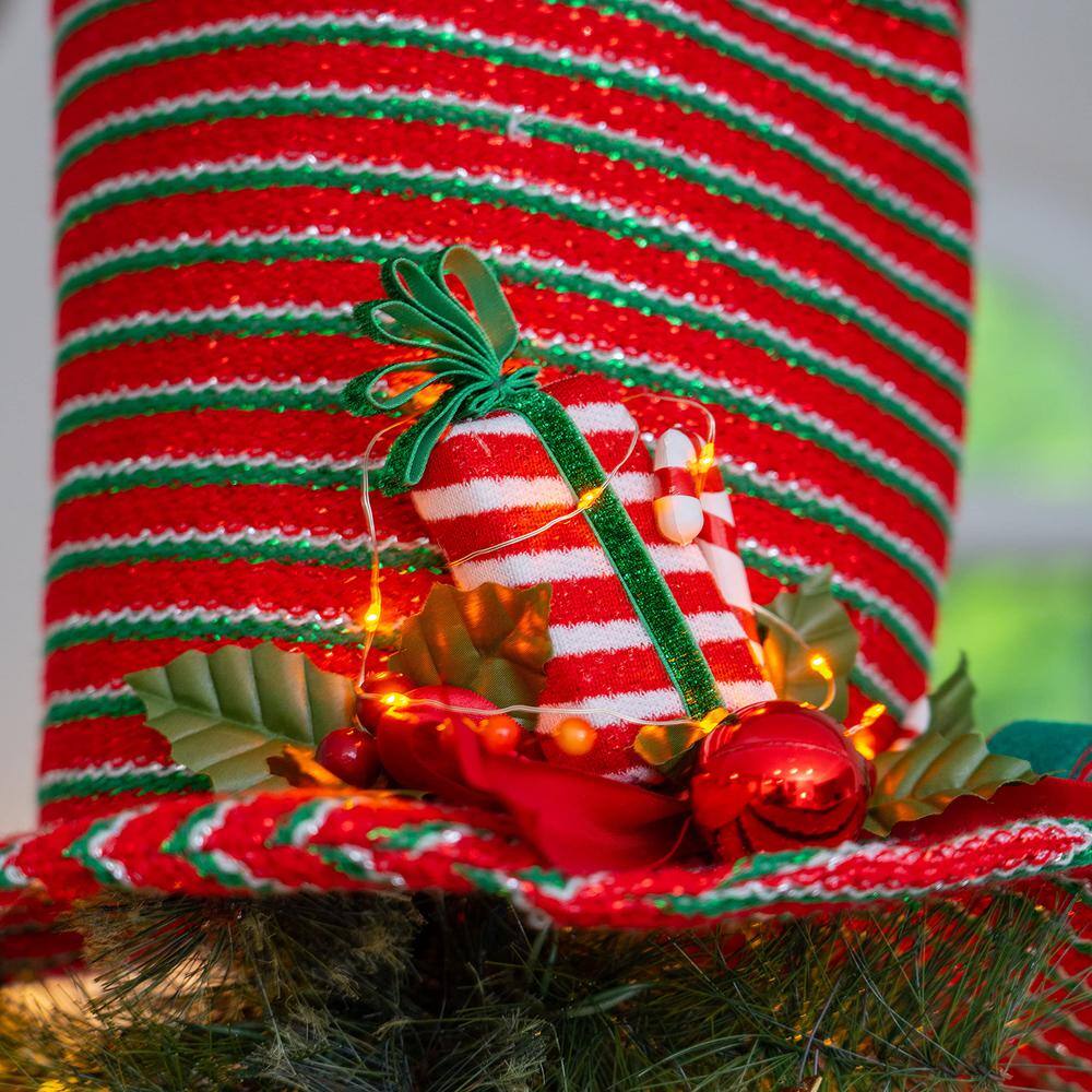 Red and Green Striped LED Snowman Hat Tree Topper