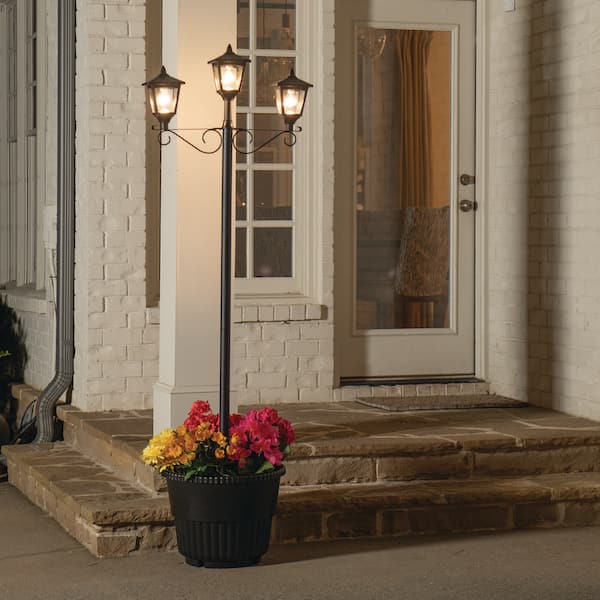 Triple Head 3-Light Black Outdoor Solar Warm White LED Lamp Post Light Set with Round Planter for Garden and Porch