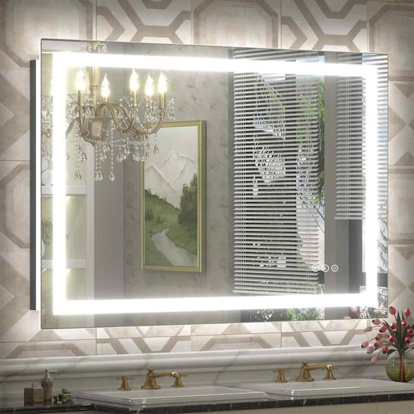 Apmir 48 in. W x 32 in. H Large Rectangular Frameless Double LED Lights Anti-Fog Wall Bathroom Vanity Mirror in Tempered Glass