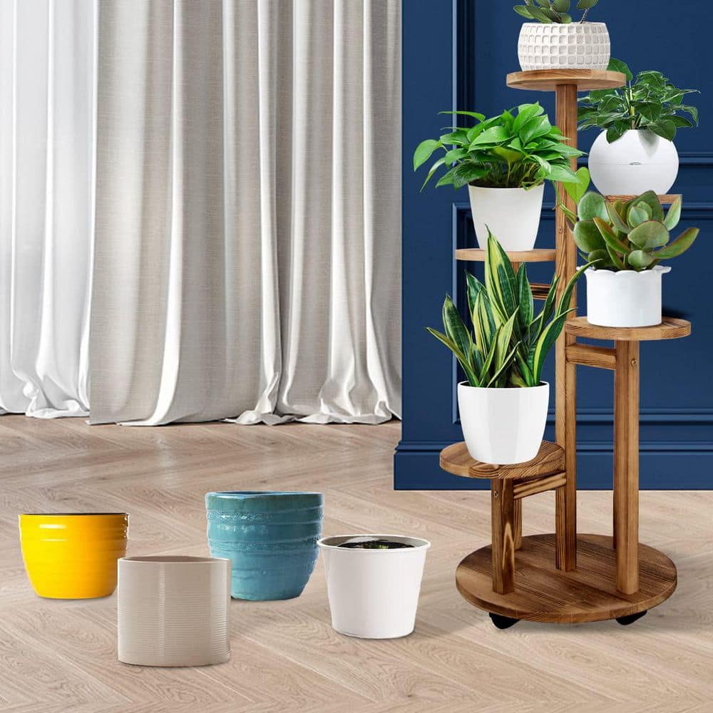 34 in. Walnut Wood Plant Shelf Corner Display Rack, Multi-tier Planter Pot 
