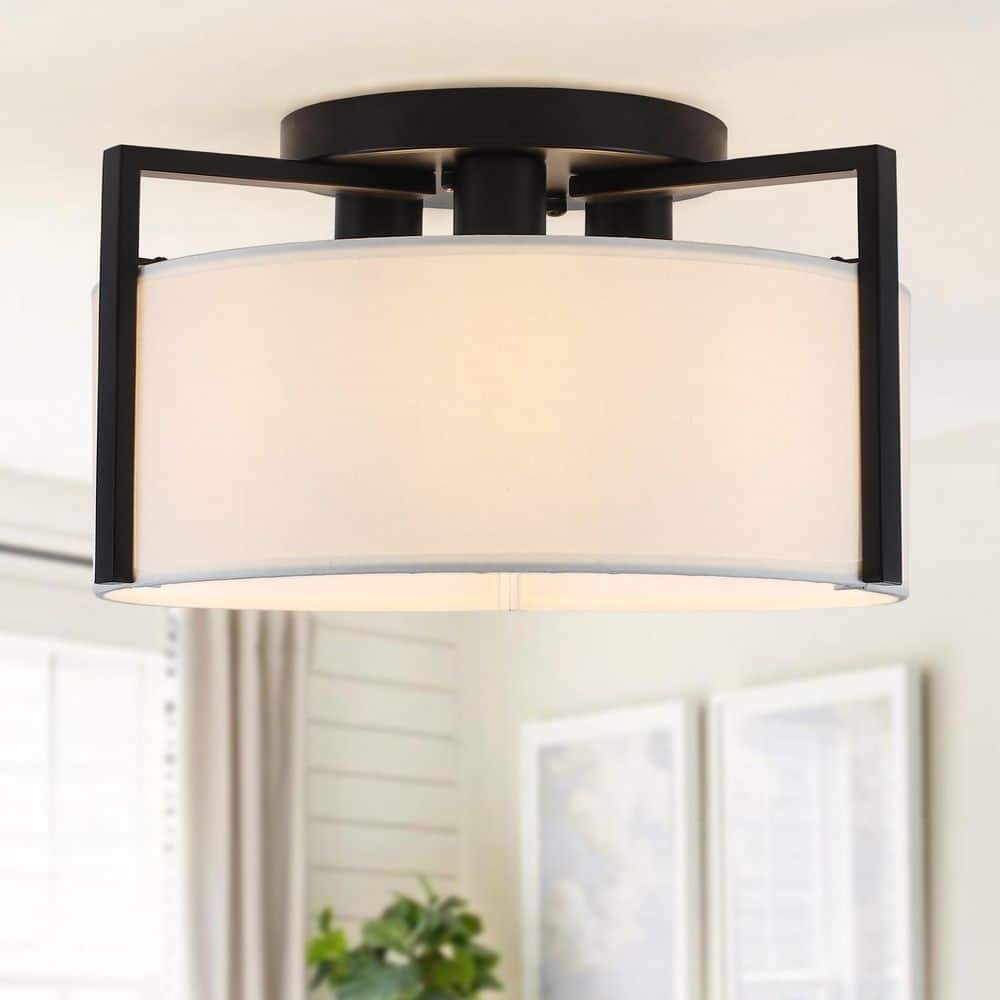 14.96 in. 3-Light Black Drum Farmhouse Semi Flush Mount Ceiling Light with White Fabric Shade for Kitchen Island price history on PriceWatchPro