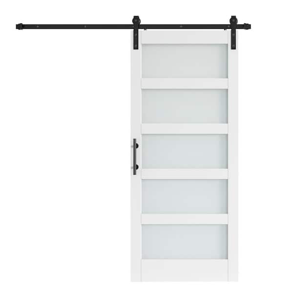 36 in. x 84 in. 5-Lite Tempered Frosted Glass White Finished Solid Core MDF Wood Sliding Barn Door with Hardware Kit