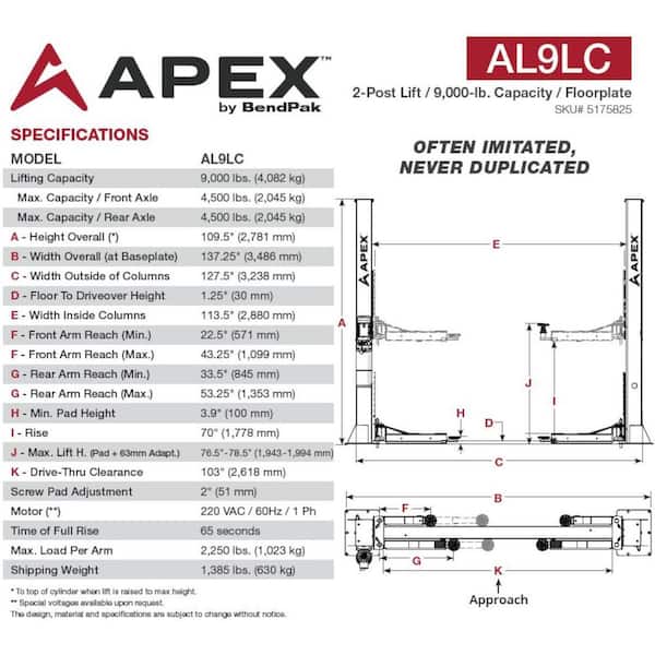 Apex AL9LC 9,000 lb. Bi-Symmetric Floorplate 2-Post Car Lift for