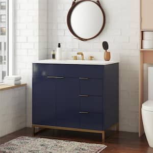 Leona 40 in. W x 22 in. D x 38 in. H Single Sink Bath Vanity in Navy Blue with White Engineered Stone Composite Top