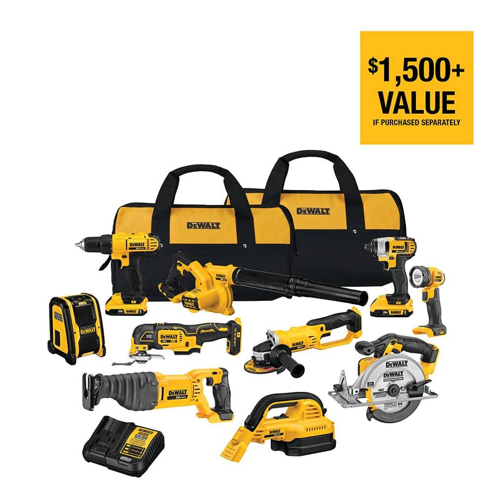 DEWALT 20V MAX Cordless 10 Tool Combo Kit with 2 20V 2.0Ah